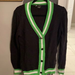 Pinko black cardigan with bright green trim and crystal top button size medium